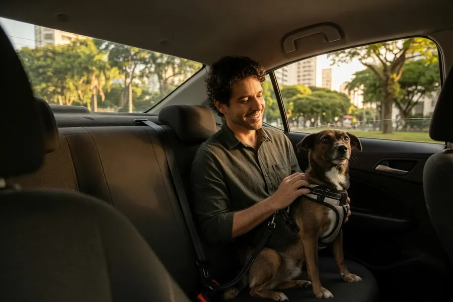 Tutor ao lado do seu cachorro no banco traseiro de um carro parceiro da UstedPet