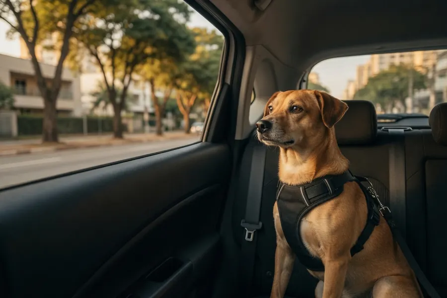 Cachorro sozinho no banco traseiro, com peiteira de segurança, numa corrida da UstedPet