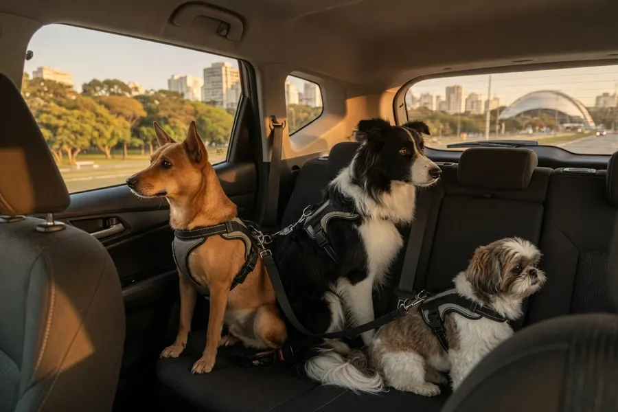 Três cachorros de portes diferentes acomodados com segurança no banco traseiro de um carro