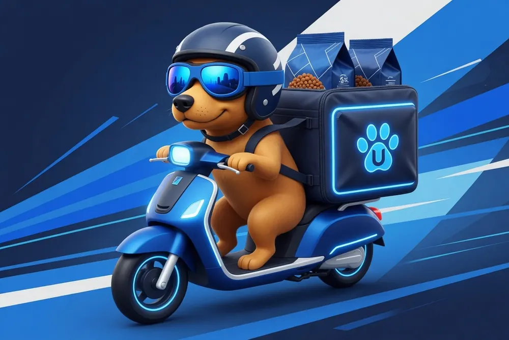 Ilustração do mascote da Usted Pet numa moto de entregas, levando sacos de ração