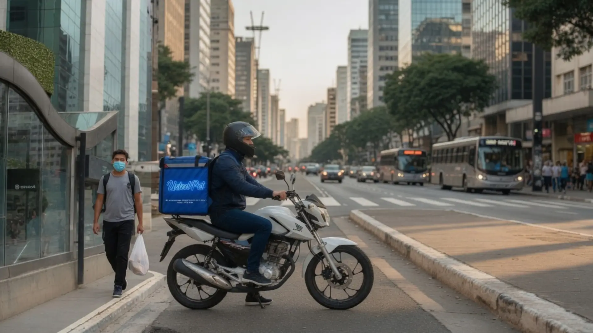 Entregador parceiro da UstedPet de moto, com a bag de entregas, numa avenida de São Paulo