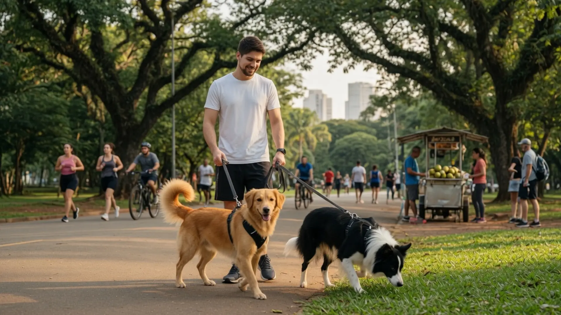 Passeador parceiro da UstedPet caminhando com dois cachorros num parque de São Paulo
