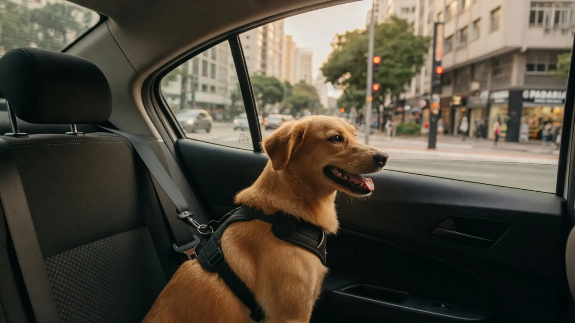 Cachorro transportado com segurança no banco traseiro de um carro parceiro da UstedPet em São Paulo