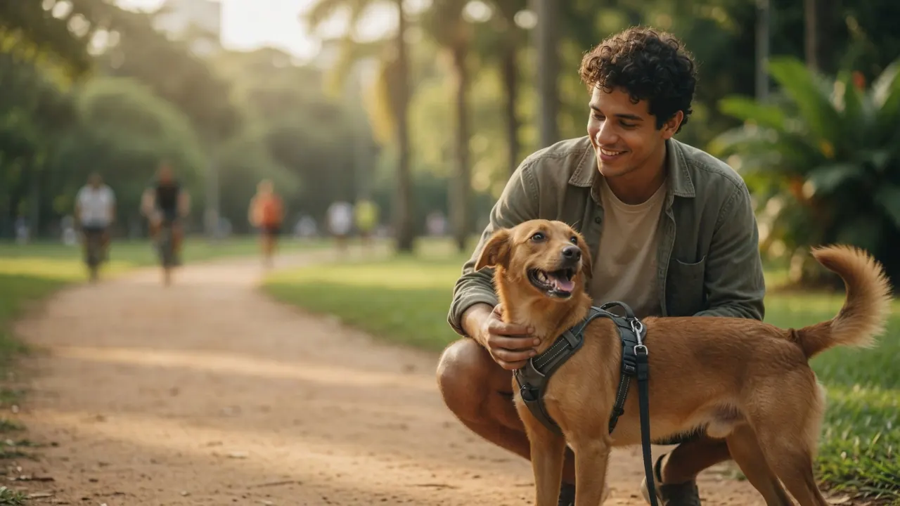 Tutor acariciando o seu cachorro num parque, campanha de 30 minutos de passeio grátis da UstedPet